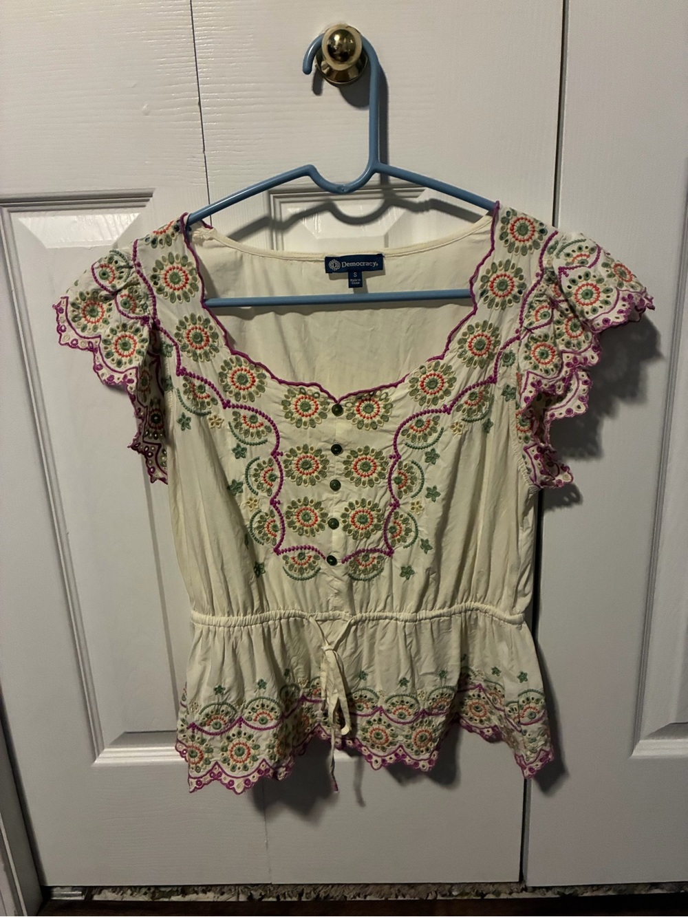 Democracy Cream Embroidered Drawstring Peplum Top with Pink & Green Accents